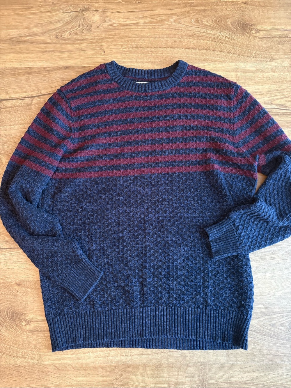 The normal brand XL Men's Navy and Burgundy Striped Crewneck Sweater